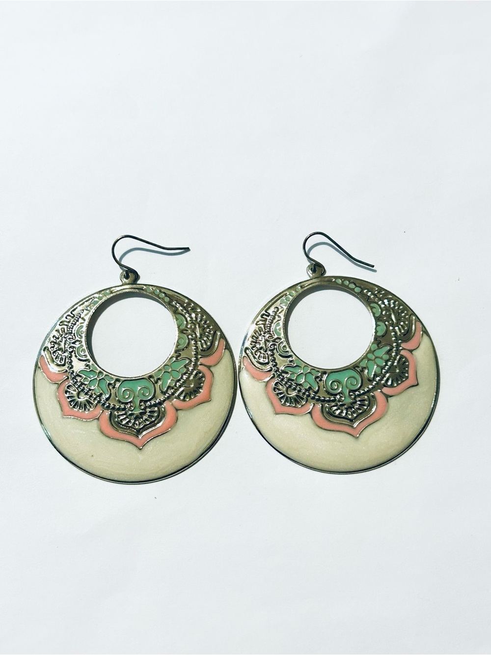 Vintage Embossed Earrings, Bohemian Cream, Mint & Coral Filigree Hoop Earrings
